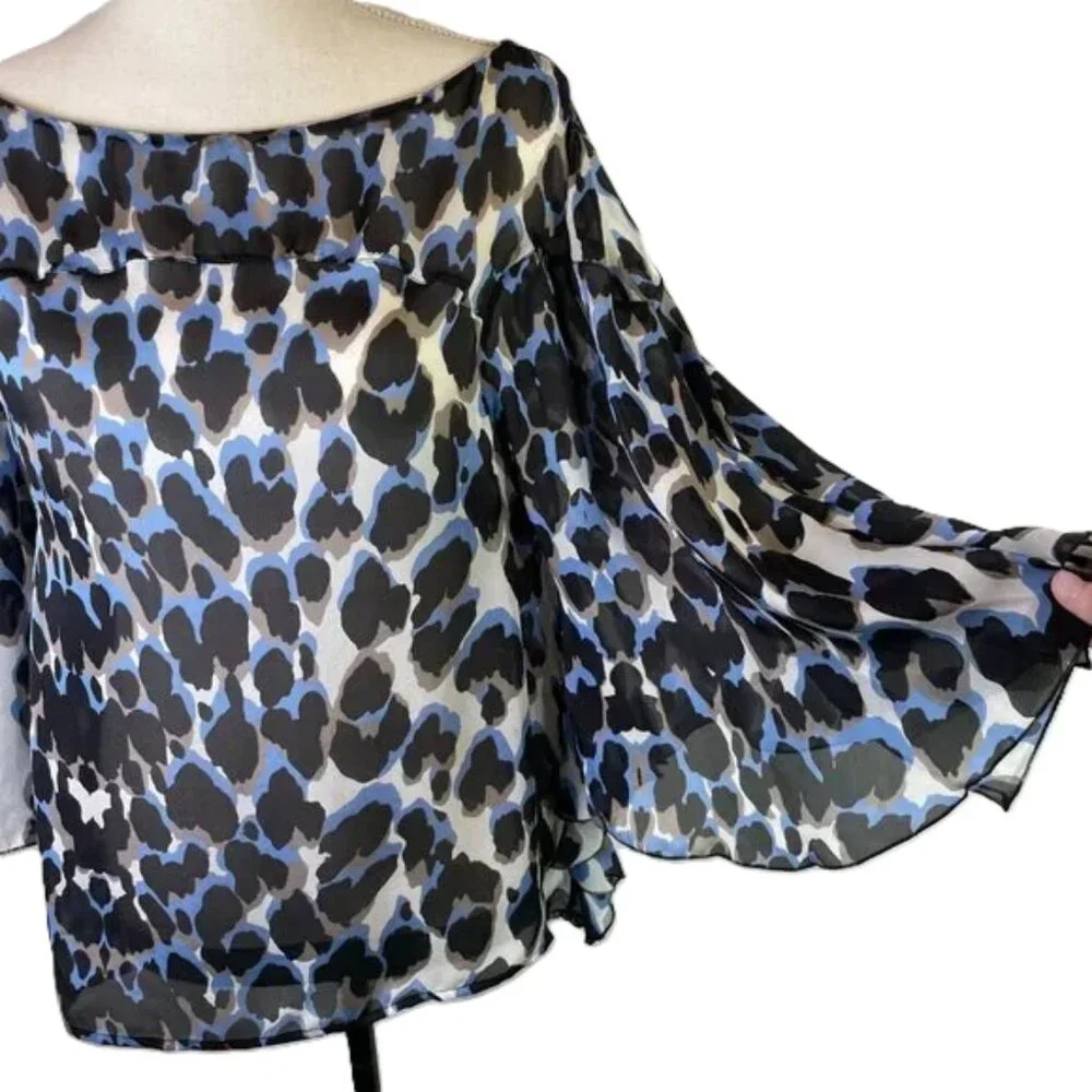 Robert Cavalli Blue Black Leopard Print Silk Blouse Bell Sleeve Sheer Size XS - Picture 2 of 13